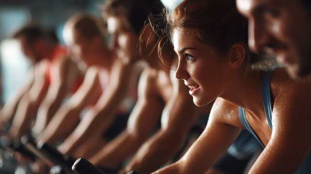 A lively group of individuals riding stationary bikes at a fitness center, Group of people participating in a spinning class, AI Generated