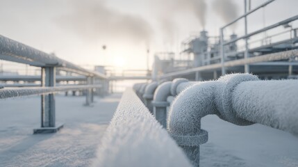Pipes covered in frost and ice during winter at an industrial facility showing the effects of extreme cold on infrastructure and equipment
