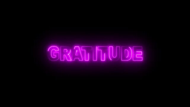 glowing neon GRATITUDE text  icon animation neon glow concept. motion graphic 4k video on black background.
