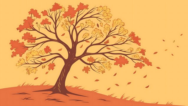 A vintage illustration depicts an autumn tree with leaves swirling in the wind, embodying the beauty and change of the fall season