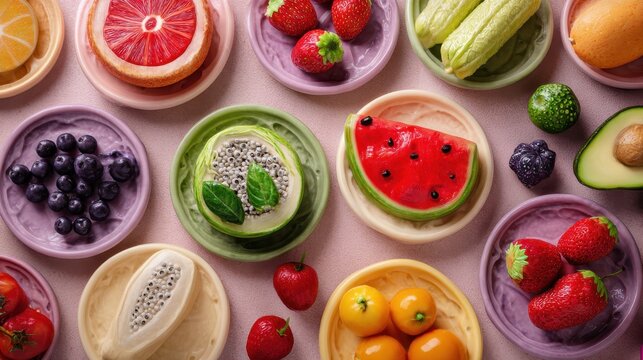 A photo of different fruits and vegetables foods in plates Creative food for children