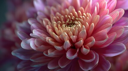 A closeup of a colorful chrysanthemum bloom captured with soft focus, highlighting its natural elegance.