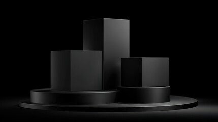 Three black square stands of different heights on black background Platforms for presentation of products and cosmetics Concept of the beauty industry 3d podium made of geometric shape : Generative A