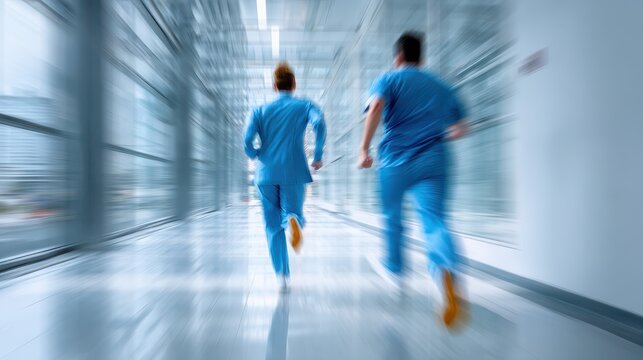 Doctors in uniform running in a blurred hospital corridor with motion blur