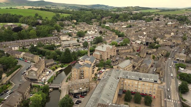 Aerial Video of Skipton Yorkshire UK. As the gateway to the magnificent Yorkshire Dales near Harrogate, people travel the length and breadth of the country to visit this charming market town.