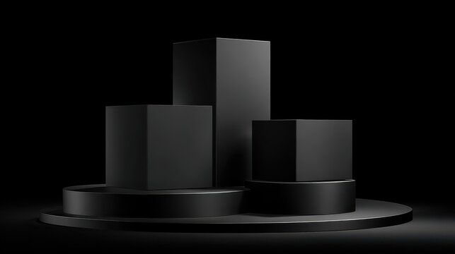 Three black square stands of different heights on black background Platforms for presentation of products and cosmetics Concept of the beauty industry 3d podium made of geometric shape : Generative A
