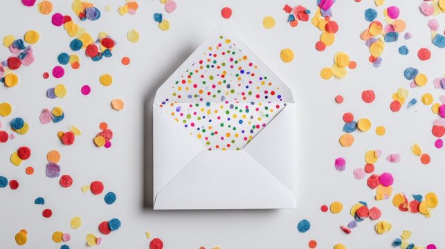 Customizable birthday invitation card mockup display is surrounded by colorful confetti on white background