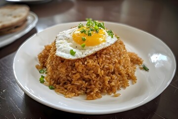 A casual photo of Food photography, top-down flat lay, porcelain background, fried rice with fried egg, with top dressing. It's a casual photo.