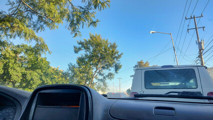 Car trip, during the day, full of traffic, with a view full of trees.