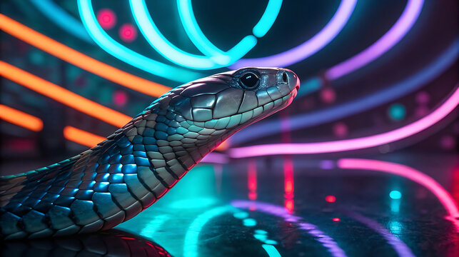 A sleek cobra glides across a reflective surface under vibrant neon lights - Powered by Adobe