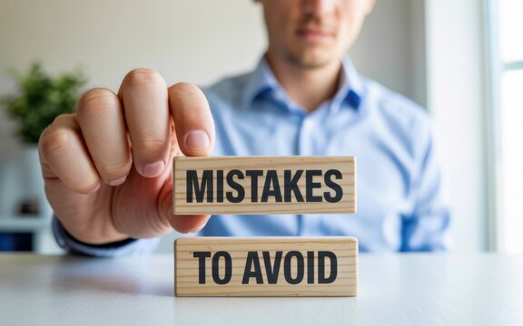 Business owner holding wooden blocks with 'Mistakes to Avoid' message