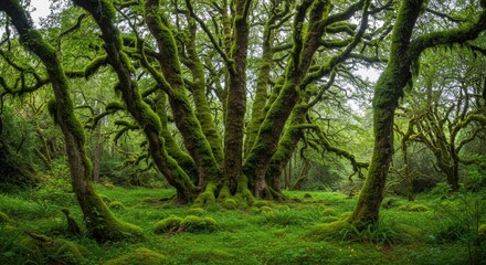 Enchanting Moss-Draped Ancient Forest: A Mystical Grove of Intertwined Trees