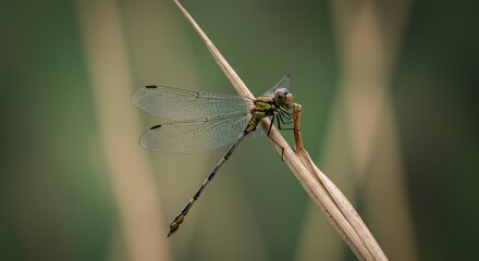 Exquisite Dragonfly Perched on Reed, Delicate Wings, Nature Macro Photography.