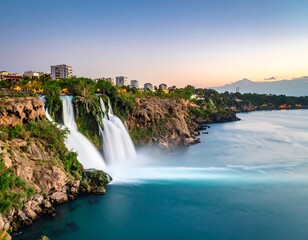 Cascade waterfall at twilight, city backdrop