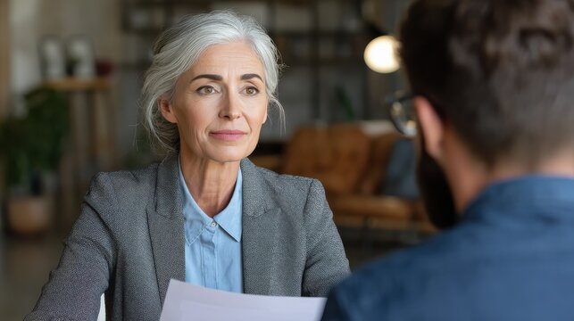 Middle aged female hr specialist manager, employer, boss holding cv application listening male candidate at job interview meeting. Hiring and employment, human resources, recruitment concept., no log