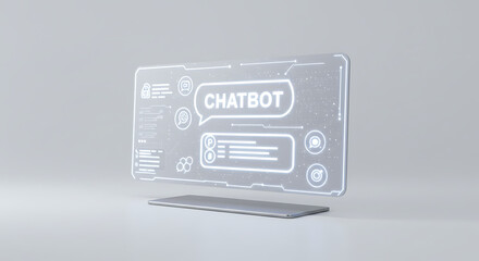 Fototapeta premium Futuristic Chatbot Interface: A digital holographic chatbot interface, showcasing advanced technology, represents seamless customer service, support, and artificial intelligence assistance. 