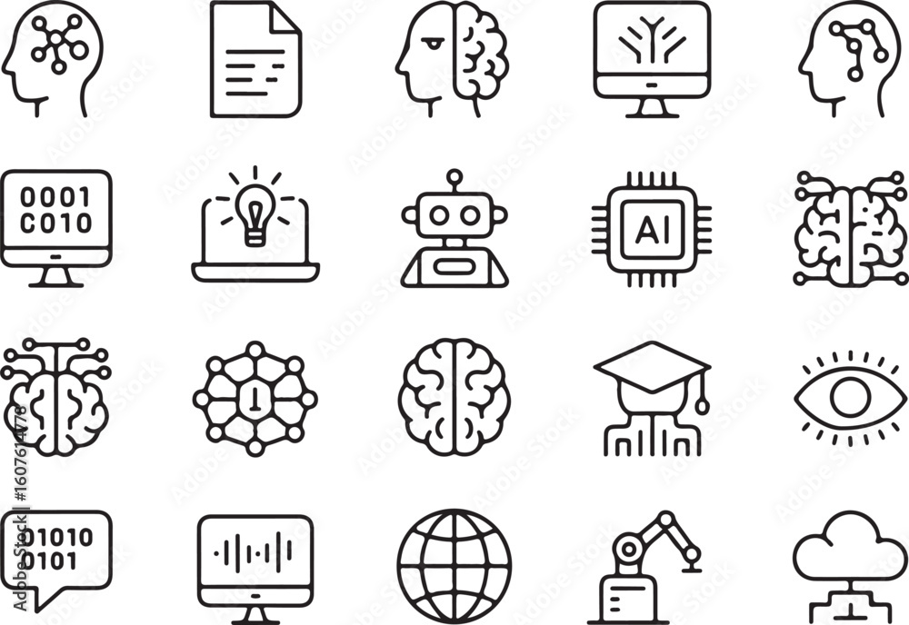 Fototapete Human brain network computer robot chip graduation cap eye globe robotic arm cloud machine learning