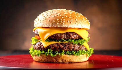 Close-up of a double cheeseburger on a red plate.  Melted cheese, juicy patties, fresh lettuce, and a toasted sesame seed bun.  Appetizing fast food