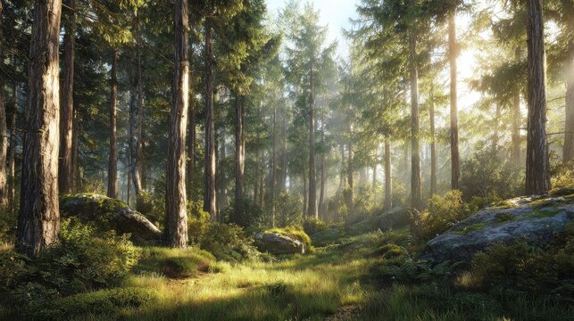 A tranquil forest glade with sunlight streaming through the trees offers subtle copy space for Independence Day