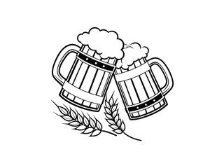 Clinking Beer Mugs with Barley Ears Vector Illustration

