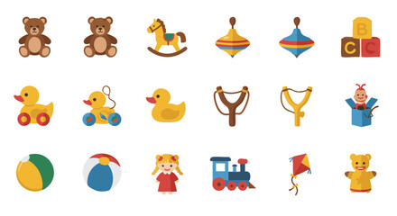 Fototapeta premium Classic children’s toys flat icon set, 15 items