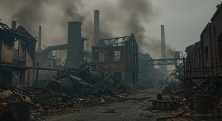 Post-Apocalyptic Industrial Ruins: Smoke-Shrouded Brick Buildings and Twisted Metal
