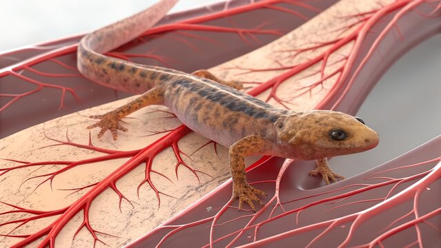3D scene showing slow regeneration of a salamander&rsquo;s limb &mdash; blastema forming, blood vessels weaving into new tissue