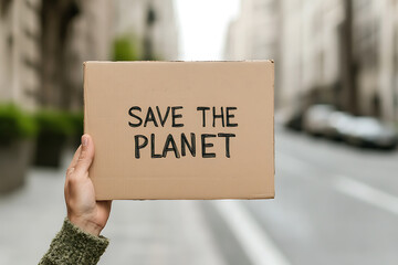 Advocating for change with a handmade sign urging 'Save the Planet,' highlighting individual efforts toward environmental responsibility and sustainability.