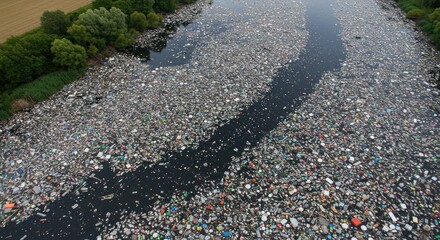 River Pollution: Aerial View of Plastic Waste, Environmental Disaster, Global Issue.