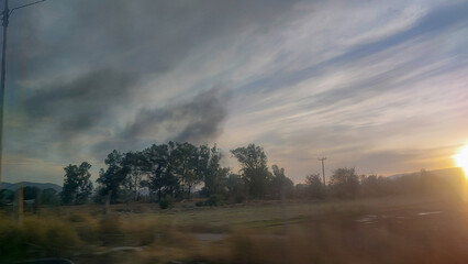 Fire with black smoke behind some trees in a field at sunset with blue clouds in the sky, environmental pollution.