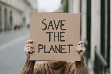 A person holds a sign that says "Save the Planet." The sign is brown cardboard with black letters, held in front of the person's face, on a city street.