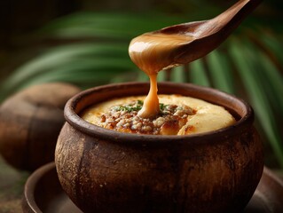 Thai style sweet taro custard clay pot traditional dessert photography tropical food close up