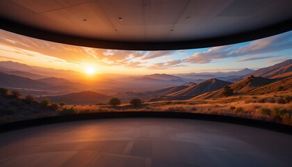 Curved panoramic screen displaying a simulated landscape at sunrise