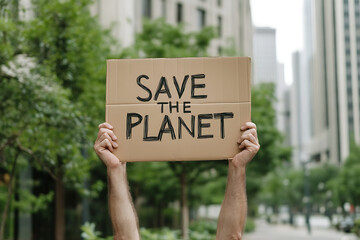 Activist holding sign "Save the Planet" in urban setting to highlight concerns on the environment, climate change, sustainability, and conservation.