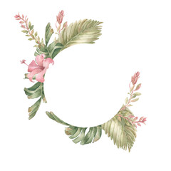 Exotic foliage Hawaii style circle frame watercolor isolated. Hibiscus flower and delicate branches in muted pink and olive. Tropical wreath for packaging, beach design, and boho wedding decor.