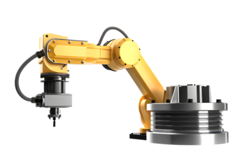 Yellow industrial robot arm isolated on a transparent background