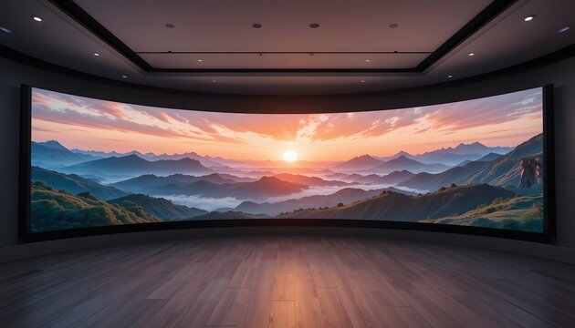 Curved panoramic screen displaying a simulated landscape at sunrise