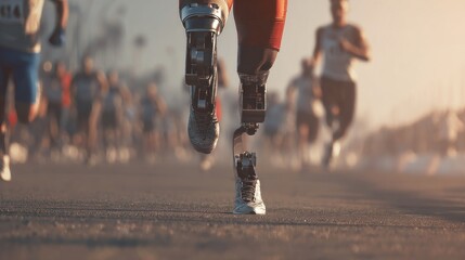 Runner with prosthetic leg in a race