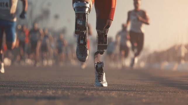 Runner with prosthetic leg in a race - Powered by Adobe