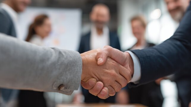 Happy businessman and businesswoman shaking hands at group board meeting. Professional business executive leaders making handshake agreement successful company trade partnership handshake concept., n - Powered by Adobe