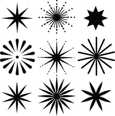Collection of starburst and star shapes silhouette isolated on white background