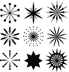 Collection of nine starburst and star shapes silhouette isolated on white background