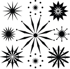 Collection of starburst and star shapes silhouette isolated on white background