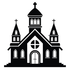 Elegant Monochrome Church Illustration Featuring Crosses, Spires, and Detailed Architectural Elements