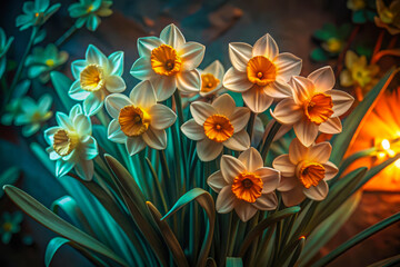 Fototapeta premium Closeup of white daffodils with vibrant orange centers