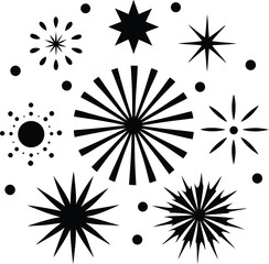 Collection of starburst and star shapes silhouette isolated on white background