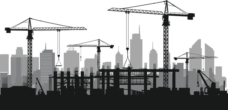 Urban construction site silhouette, multiple cranes and buildings in progress, illustrating development, infrastructure, and growing metropolitan areas, monochrome vector illustration.