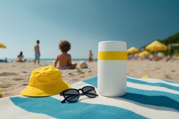 white mockup sunscreen bottle on beach towel with blurred children playing in background, children spf protection, cancer free promo