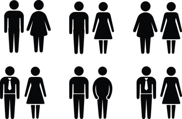 Collection of diverse male and female silhouette icons representing various couples, partnerships, and individual figures, ideal for depicting gender, relationships.l 