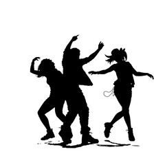 silhouettes of three people dancing energetically against a white background